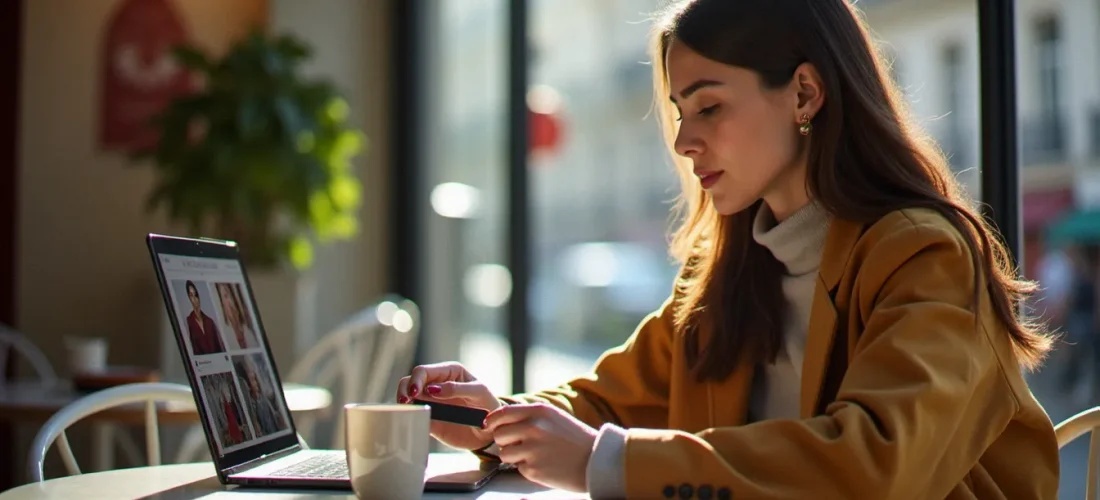 Femme utilisant un code promo The Bradery sur son ordinateur portable dans un café parisien