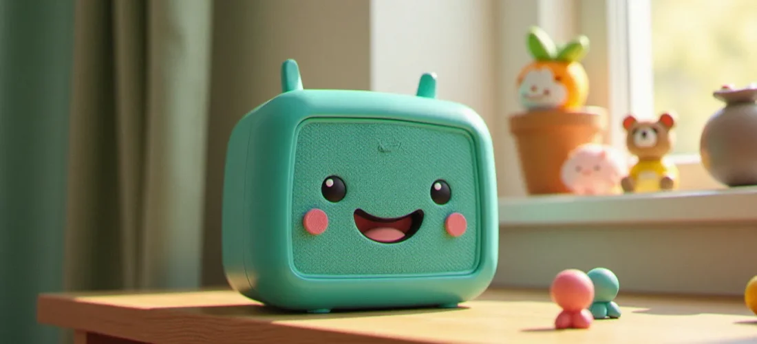 Une Toniebox colorée posée sur une étagère d'enfant entourée de figurines Tonies, illustrant l'univers du code promo Tonies