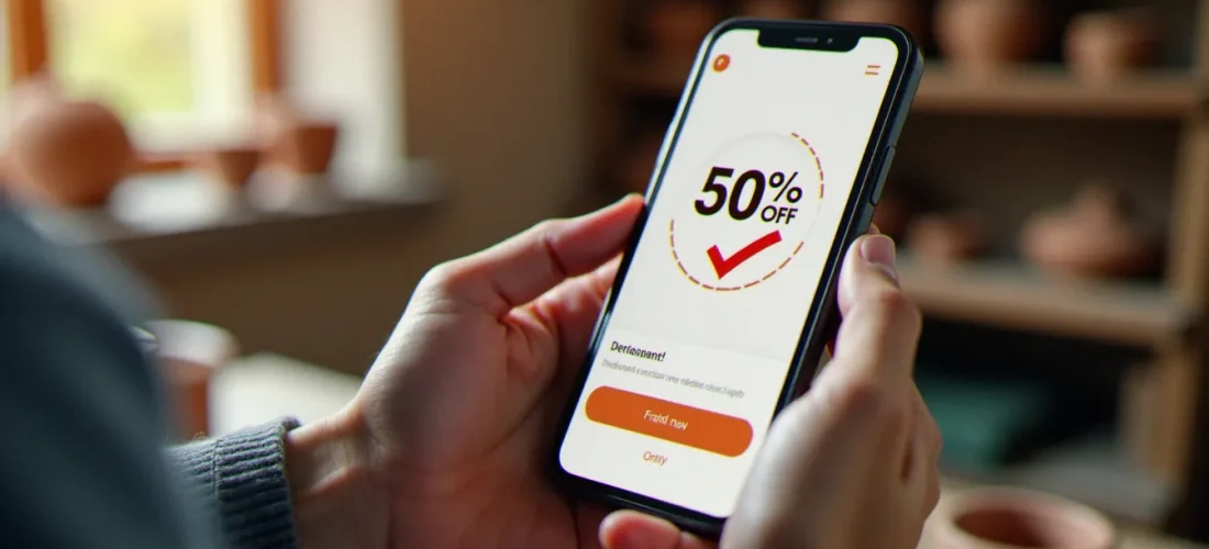 Mains tenant un smartphone affichant une réduction, code promo Wecandoo activé, atelier artisanal flou en arrière-plan
