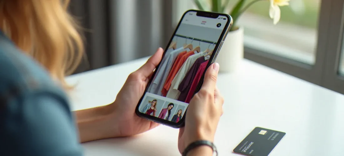 Femme utilisant un code promo Zalando sur son smartphone pour faire des achats mode en ligne