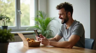 Un homme consultant le programme de deliveroo parrainage sur son smartphone dans un appartement parisien lumineux, avec une commande de livraison de repas posée sur le bureau