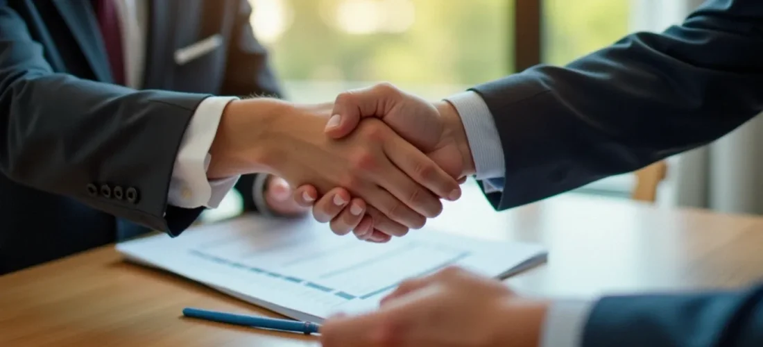 Deux personnes se serrant la main autour d'un contrat d'assurance auto, illustrant le parrainage Direct Assurance