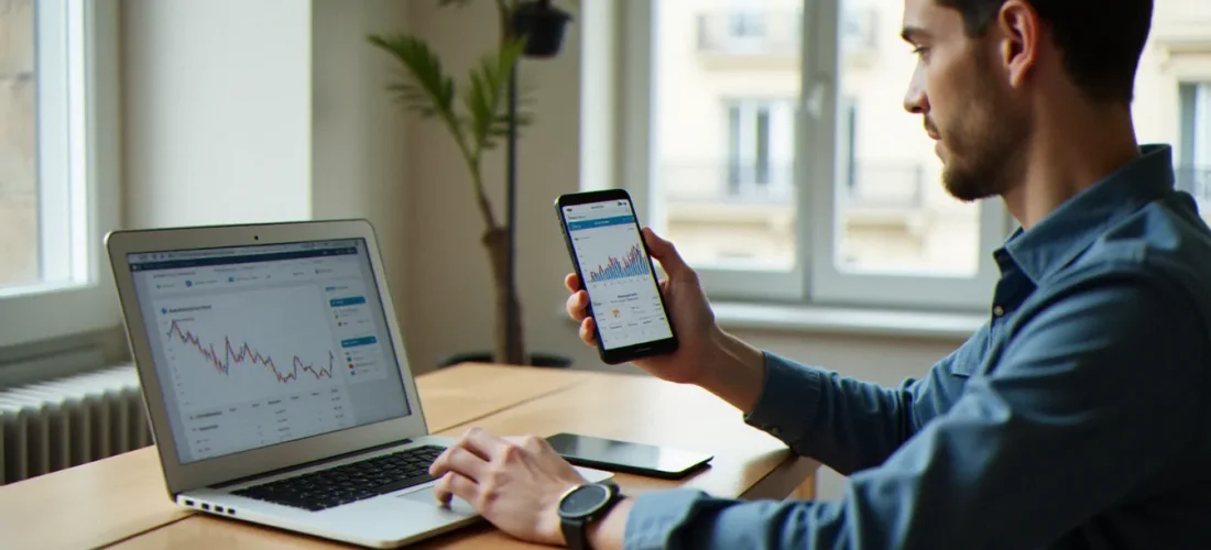 Un consultant parisien utilisant une application de gestion de patrimoine sur smartphone pour activer un finary code parrainage et suivre son portefeuille financier
