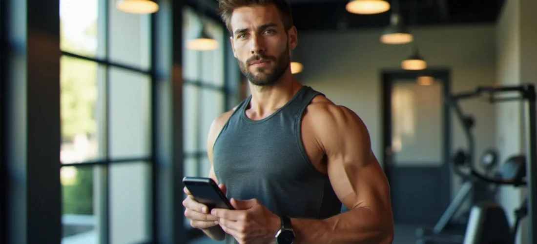 Un homme en tenue de sport tenant un smartphone avec un lien de parrainage fitness park à l'entrée d'une salle de sport moderne