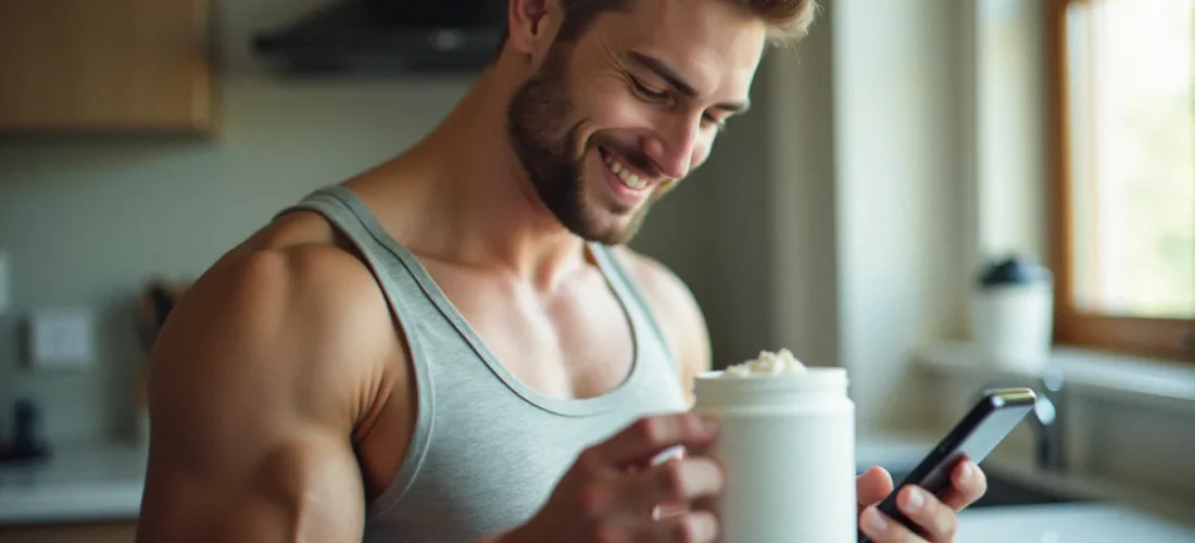 Un sportif consulte un code parrainage myprotein sur son téléphone avant de commander sa nutrition sportive