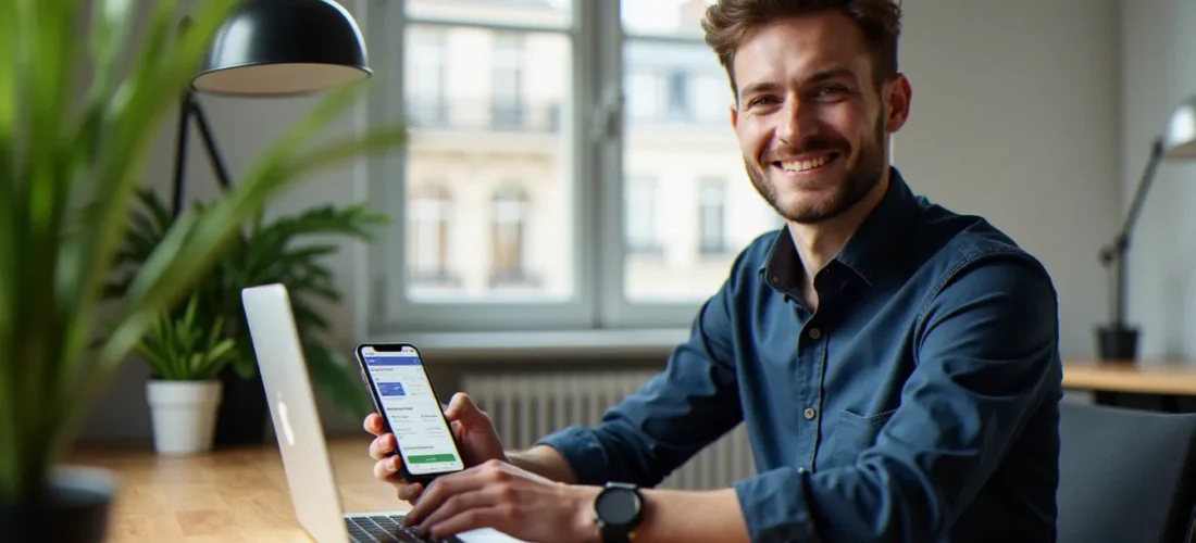 Jeune homme consultant l'application nous lib sur son smartphone dans un appartement parisien lumineux
