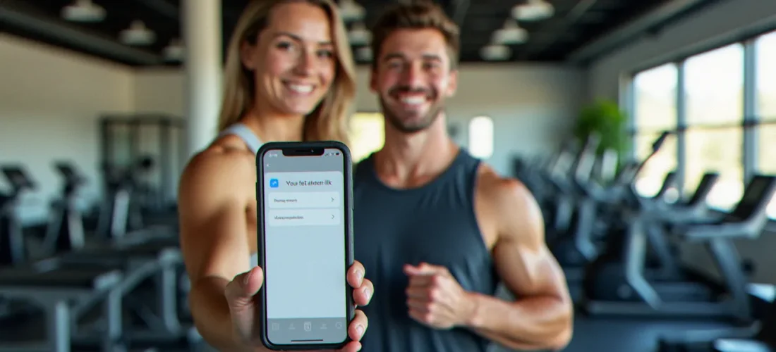 Un homme souriant dans une salle de sport low-cost tenant son téléphone avec un lien de parrainage Basic Fit affiché à l'écran