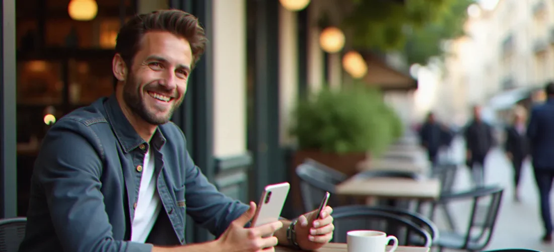 Un homme souriant dans un café parisien tenant un smartphone affichant un code de parrainage Bouygues