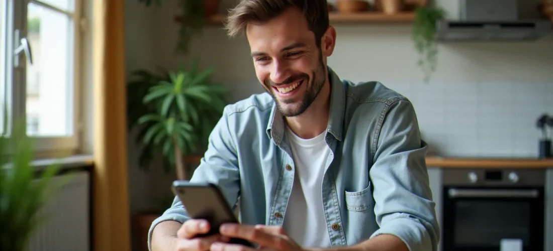 Un homme consultant le programme de parrainage Deliveroo sur son smartphone dans un appartement parisien ensoleillé