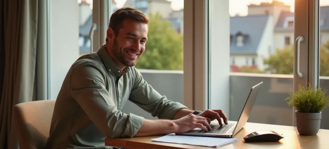 Un homme souriant consulte ses factures d'électricité EDF sur un ordinateur portable, illustrant les économies réalisées grâce au parrainage EDF