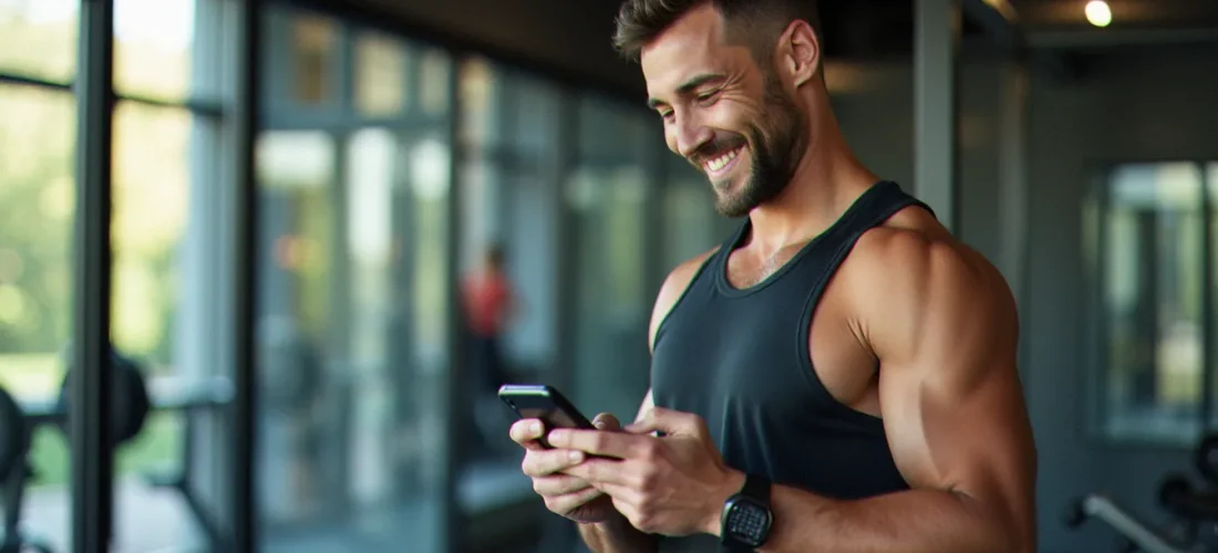 Homme consultant son téléphone à l'entrée d'une salle de sport moderne dans le cadre d'un parrainage Fitness Park