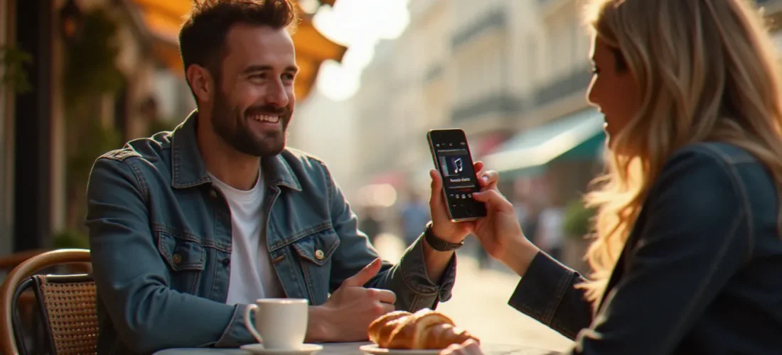 Un homme partageant son lien de parrainage musique avec un ami autour d'un café à Paris, illustrant le concept de parrainage musique entre proches