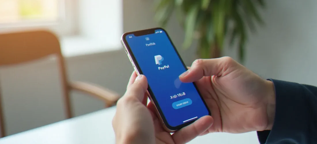 Deux mains échangeant un smartphone avec une interface de parrainage PayPal visible à l'écran, illustrant le concept de parrainage paypal