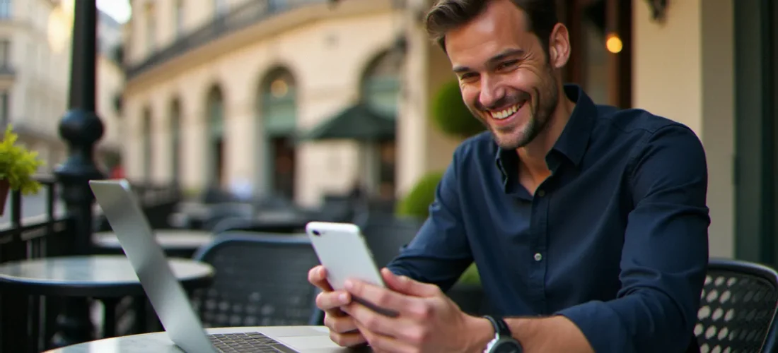 Un consultant en marketing digital souriant utilise son smartphone pour gérer son programme de parrainage Revolut depuis une terrasse de café parisienne ensoleillée