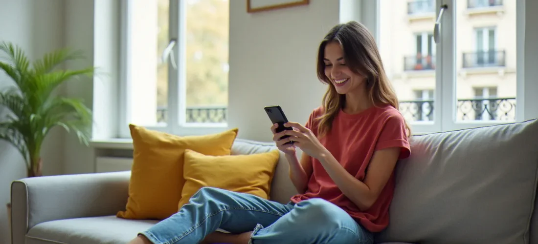 Jeune femme souriante consultant son application Shein sur smartphone pour accéder à son lien de parrainage Shein