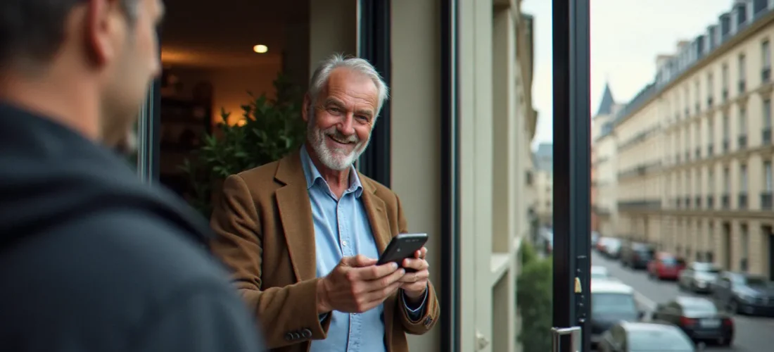 Un client Verisure partageant son lien de parrainage Verisure sur smartphone avec un ami à l'entrée de son appartement parisien