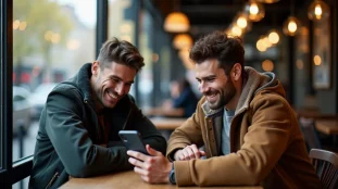 Deux amis dans un café parisien consultant une offre de parrainage Winamax sur smartphone, illustration du programme de parrainage entre joueurs
