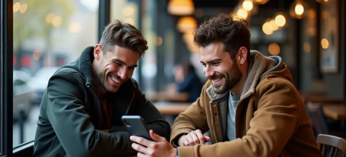 Deux amis dans un café parisien consultant une offre de parrainage Winamax sur smartphone, illustration du programme de parrainage entre joueurs