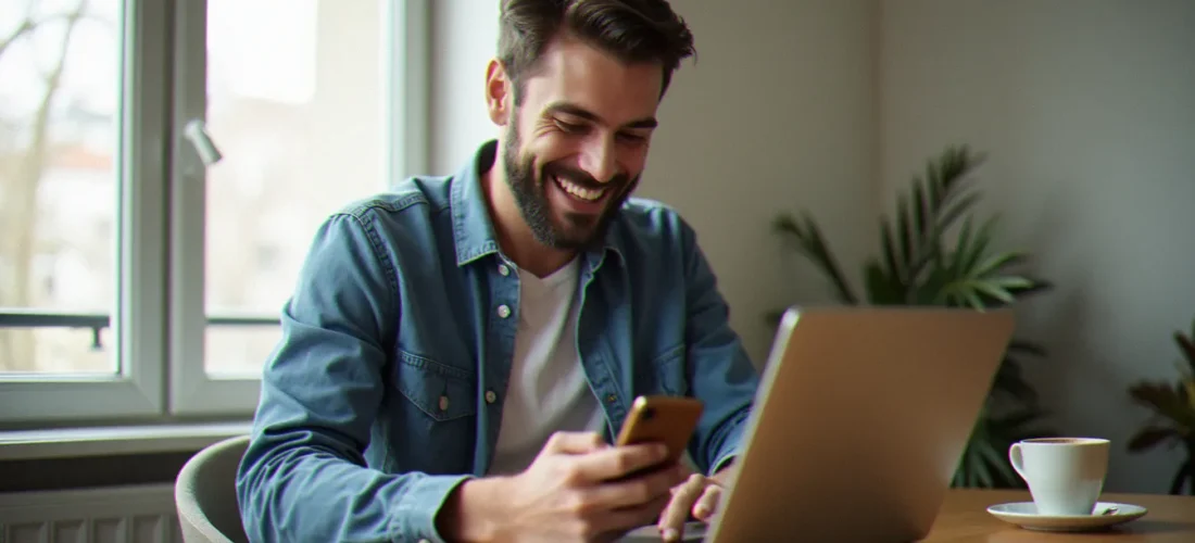 Un homme consultant son smartphone dans un bureau moderne à Paris, symbolisant la gestion d'un programme de parrainage YouPrice