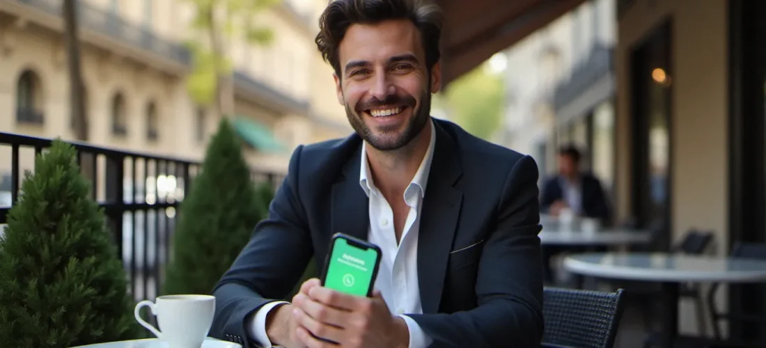 Homme consultant son programme de revolut parrainage sur smartphone depuis une terrasse de café parisienne ensoleillée