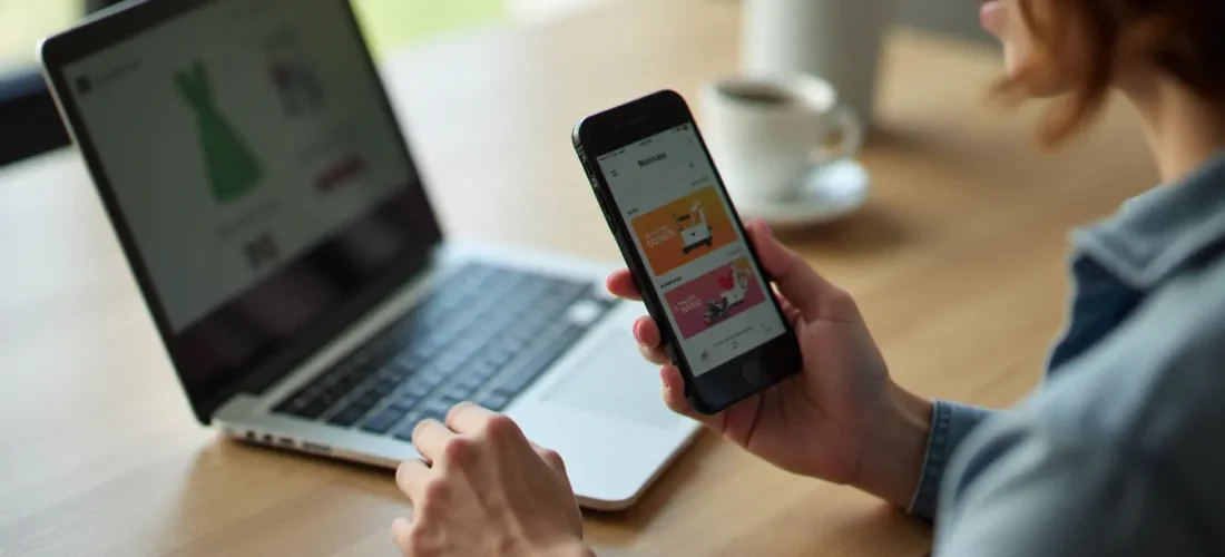 Une femme utilise un code promo Veepee sur son smartphone pour économiser sur une vente privée en ligne