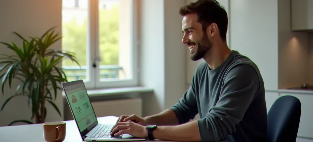 Homme consultant son tableau de bord de gains cashback lié à un youprice code parrainage sur ordinateur portable dans un appartement parisien lumineux